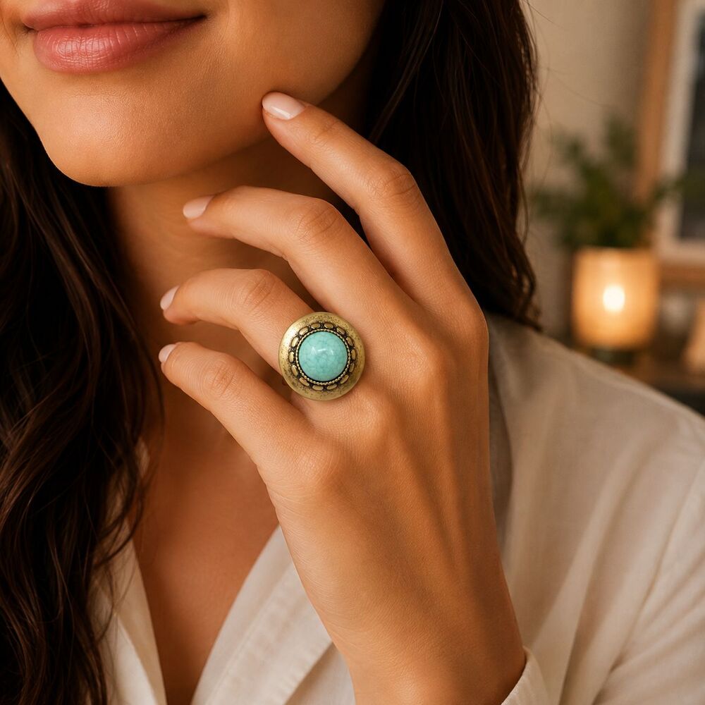 Avon Tangier Market Cocktail Ring Gold Tone Turquoise Womens Size 6 Statement